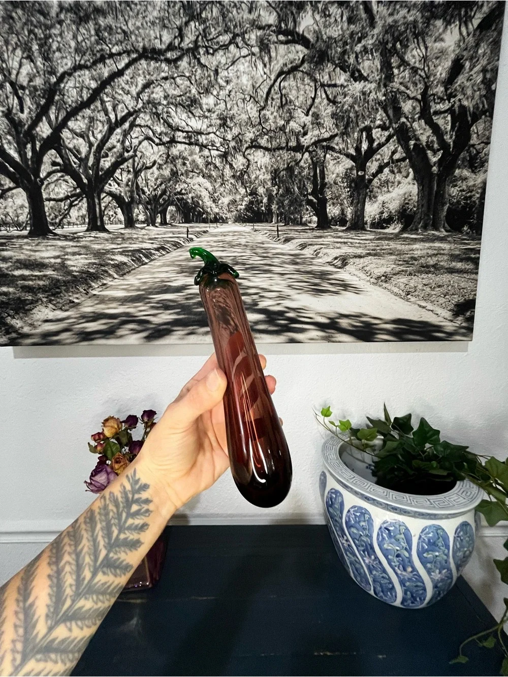 Artisan Glass Chili Accent Vase in Brown with Green Stem